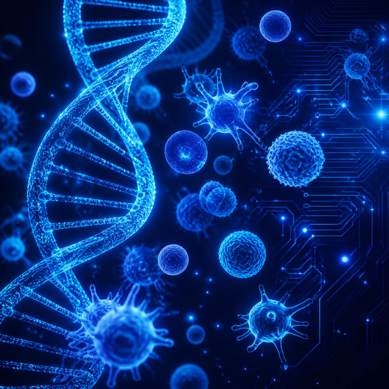 Ilustração de hélice de DNA e células de defesa do sistema imunológico
