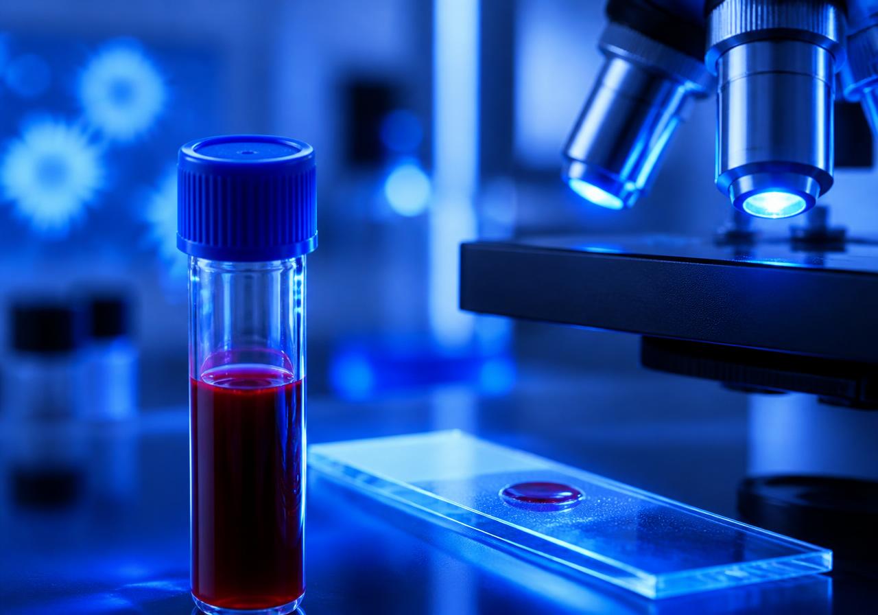 Amostra de sangue e lâmina de microscópio em laboratório de imunologia